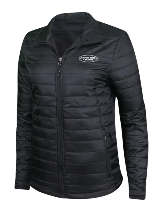 Womens Black Puffy Packable Jacket w/Smokey River